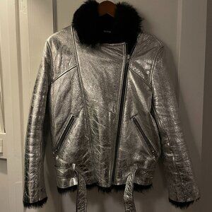 IRO Manta fur and metallic silver leather biker jacket